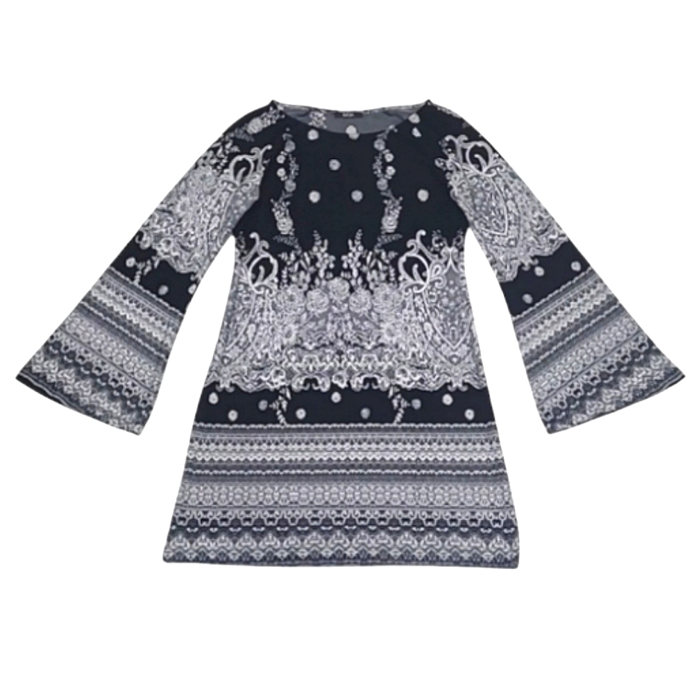 MSK Cocktail Mini Dress A-Line Bell Trumpet Long Sleeves Monochromatic Floral